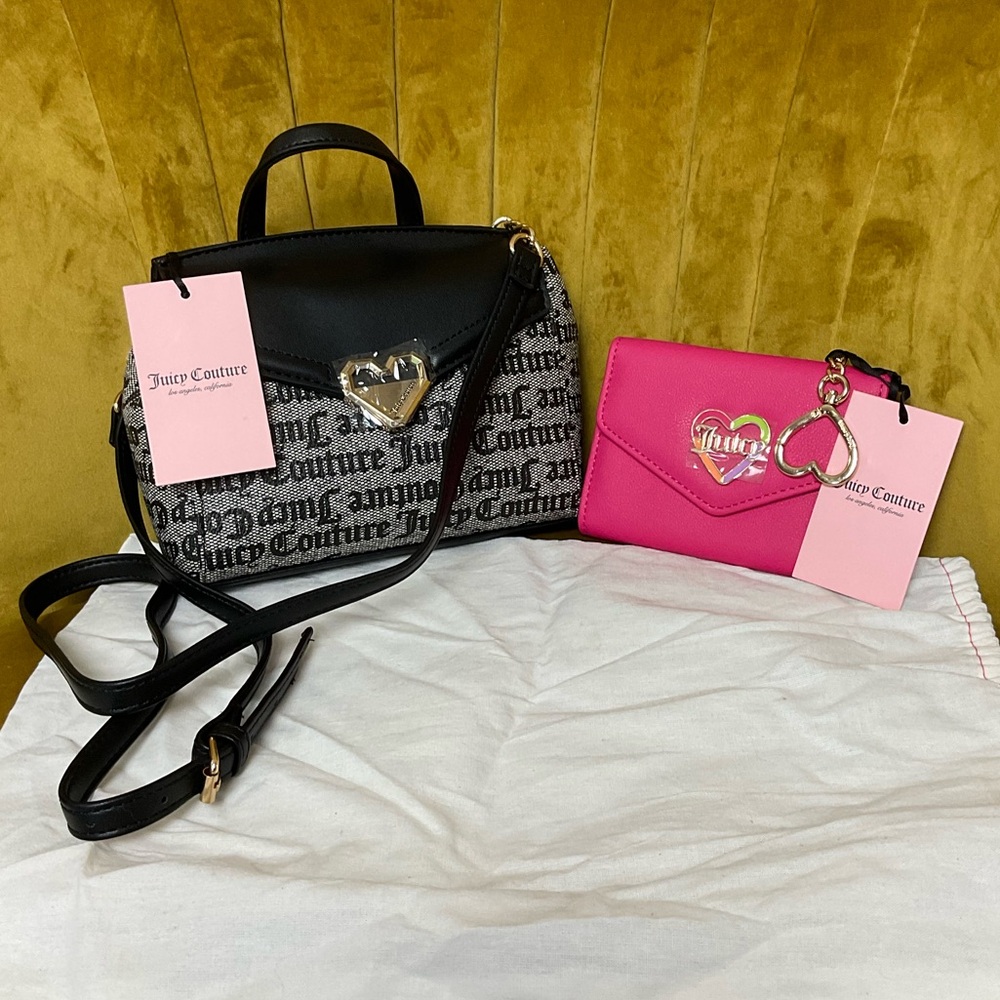 JUICY COUTURE Black and Beige CROSSBODY Bag & Pink WALLET NWT!!